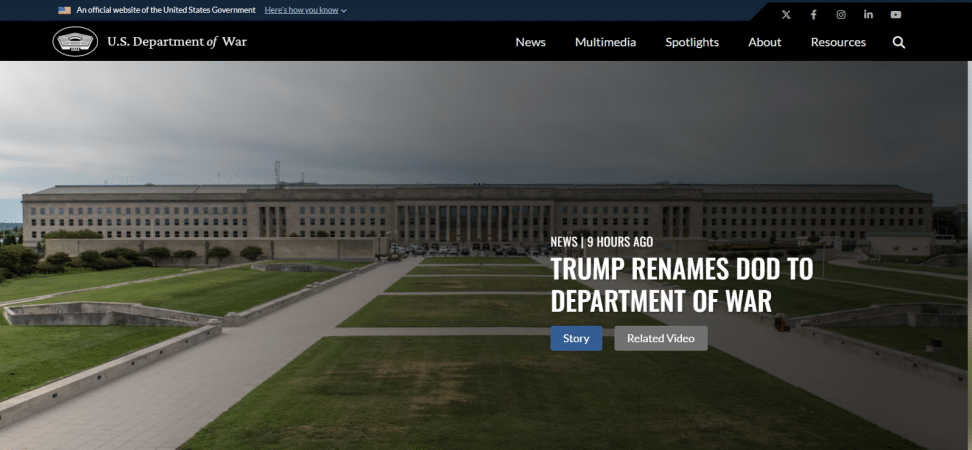 Home page of the new War.gov website
