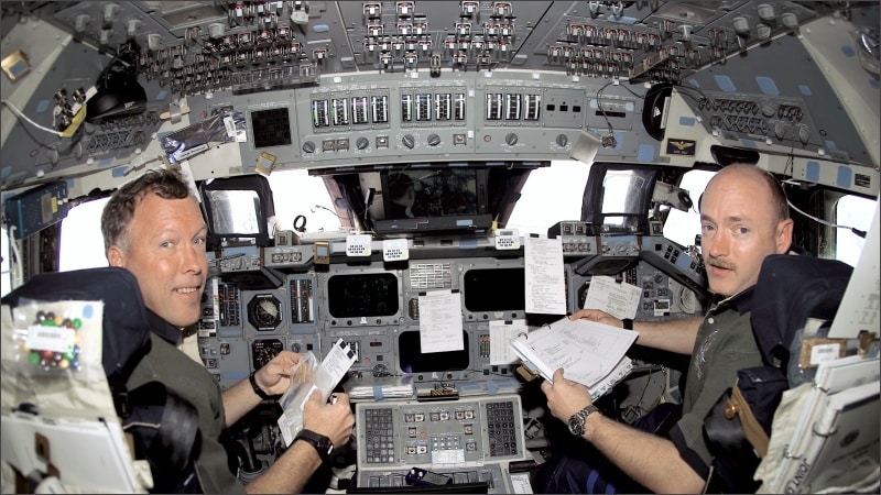 Mark Kelly in Space Shuttle Endeavour cockpit during STS-108 mission December 2001