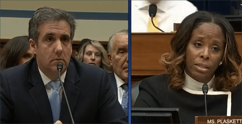 Stacey Plaskett questioning Michael Cohen in 2019 at a House Oversight Committee hearing.