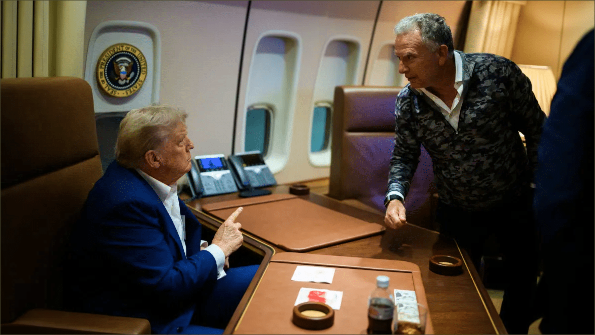 Steve Witkoff and Donald Trump speaking aboard Air Force One