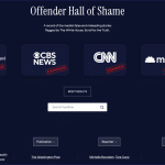 Screenshot of White House Offender Hall of Shame webpage showing media outlet logos marked EXPOSED with searchable filters