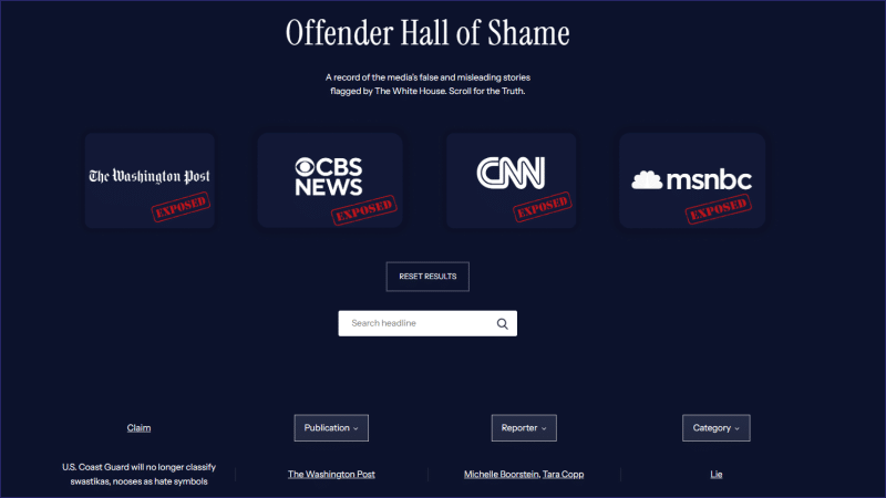 Screenshot of White House Offender Hall of Shame webpage showing media outlet logos marked EXPOSED with searchable filters