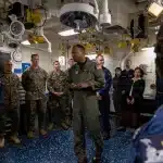 Admiral Alvin Holsey addresses Marines and Sailors aboard USS Iwo Jima in the Caribbean Sea, November 2025