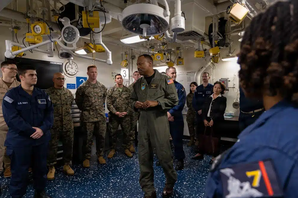 Admiral Alvin Holsey addresses Marines and Sailors aboard USS Iwo Jima in the Caribbean Sea, November 2025