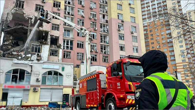 Kyiv apartment building destroyed Russian missile attack December 2025 firefighters Ukraine
