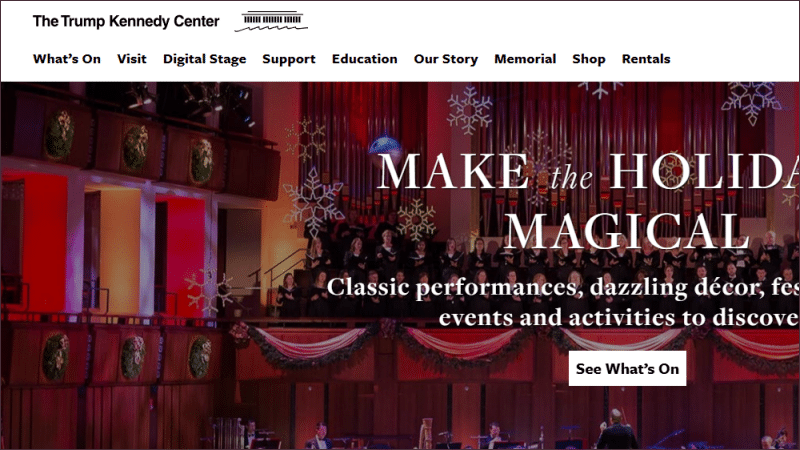 Screenshot of Kennedy Center website showing "The Trump Kennedy Center" in header