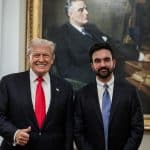 President Donald Trump gives thumbs up next to NYC Mayor-Elect Zohran Mamdani beneath FDR portrait at White House