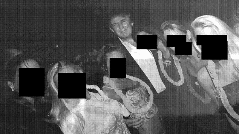 Donald Trump with multiple women in redacted photo released by House Democrats from Jeffrey Epstein estate