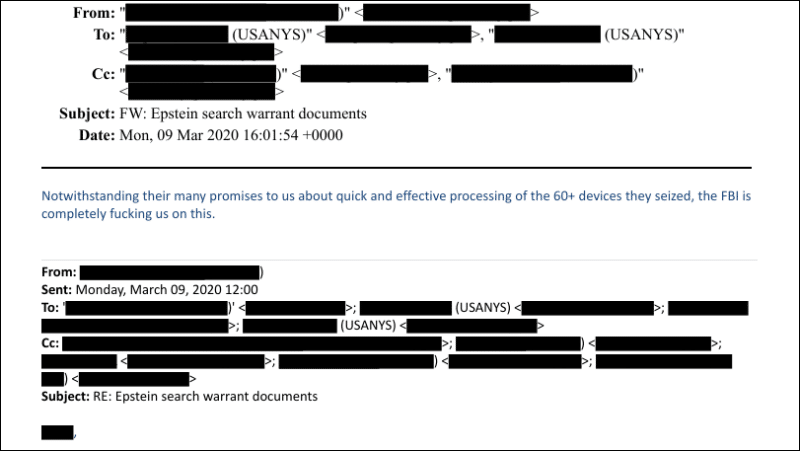 Redacted email from Epstein files dated March 2020 complaining FBI is completely fucking us on processing seized devices