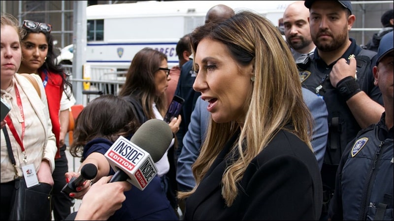 Alina Habba speaks to Inside Edition and other media outside Trump civil fraud trial in New York