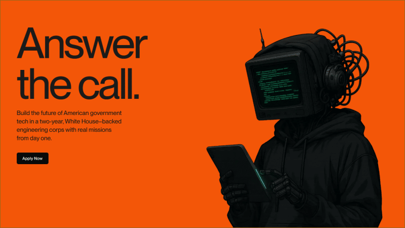 Screenshot of Tech Force government recruitment website showing hooded figure with computer monitor head and slogan "Answer the call"