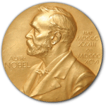 Nobel Prize medal showing profile of Alfred Nobel