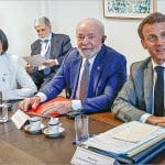 Venezuelan interim president Delcy Rodríguez at diplomatic meeting with Brazilian President Lula and French President Macron in Brussels 2023