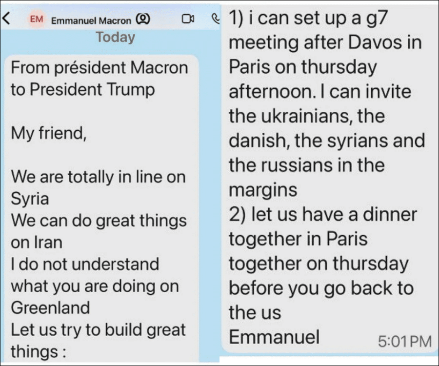 Screenshot of private text message from French President Emmanuel Macron to Donald Trump, posted by Trump on Truth Social