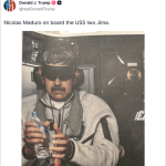 Screenshot of Trump's Truth Social post showing blindfolded Venezuelan President Maduro handcuffed aboard USS Iwo Jima after US military capture