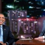 President Barack Obama laughs with host Jimmy Kimmel during a taping of Jimmy Kimmel Live in Los Angeles