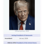 Screenshot of Trump Truth Social post showing doctored Wikipedia infobox listing Donald Trump as Acting President of Venezuela January 2026