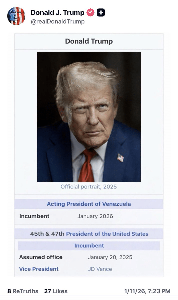 Screenshot of Trump Truth Social post showing doctored Wikipedia infobox listing Donald Trump as Acting President of Venezuela January 2026