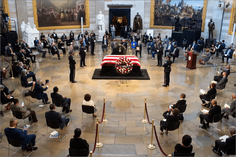 The flag-draped casket of Rep. John Lewis in the U.S. Capitol Rotunda during a socially distanced ceremony on July 27, 2020