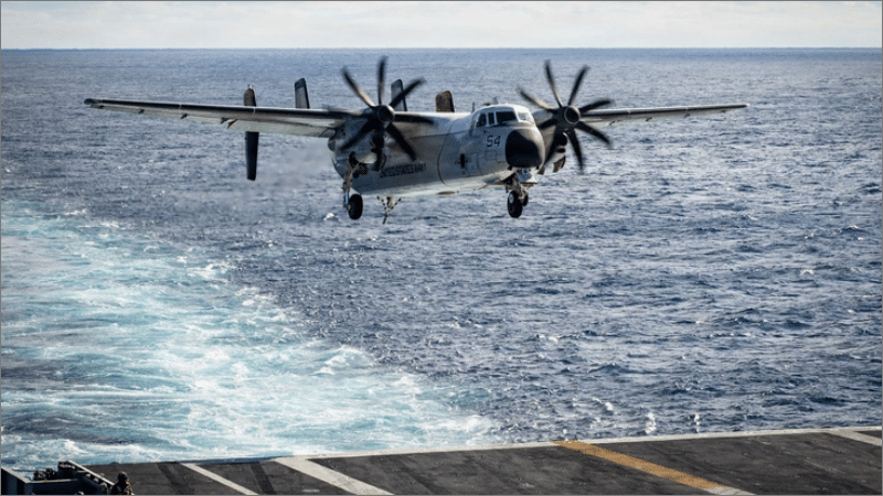 C-2A Greyhound aircraft approaches flight deck of USS George H.W. Bush in the Atlantic Ocean January 2026