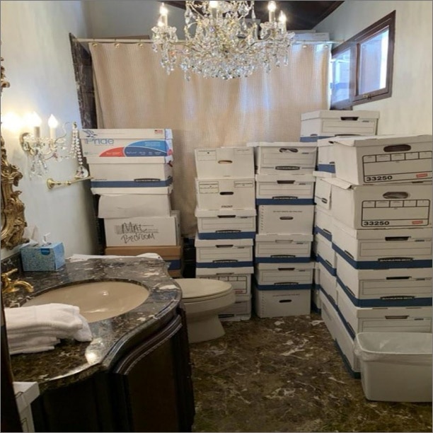 Boxes of classified documents stored in a bathroom at Mar-a-Lago, from the FBI investigation into Donald Trump's handling of classified materials