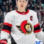 Ottawa Senators captain Brady Tkachuk in his white away jersey during a game against the Seattle Kraken, March 9, 2023