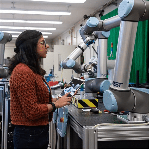 NIST researcher Shelly Bagchi works with a robot at the National Institute of Standards and Technology
