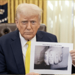 President Donald Trump holds up a printed photo labeled "Kilmar Abrego Garcia MS-13 Tattoo" showing tattooed knuckles while seated in the Oval Office