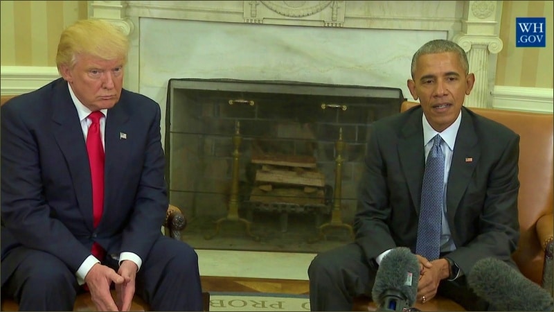 President-elect Donald Trump and President Barack Obama sit together in the Oval Office during their November 2016 transition meeting.