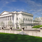 Artist's rendering of Trump's proposed White House ballroom showing massive columned building dwarfing the existing White House to the right