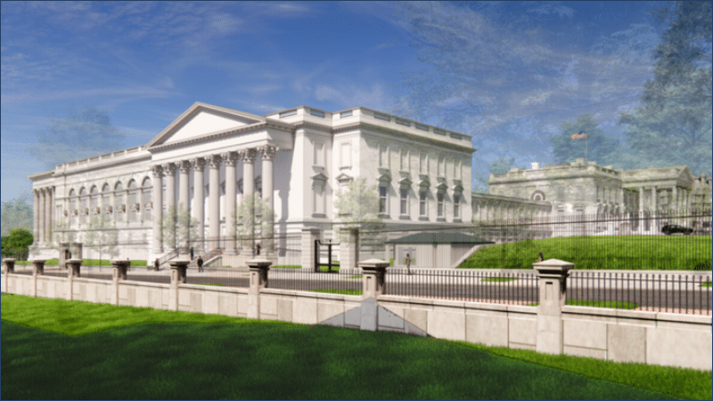 Artist's rendering of Trump's proposed White House ballroom showing massive columned building dwarfing the existing White House to the right