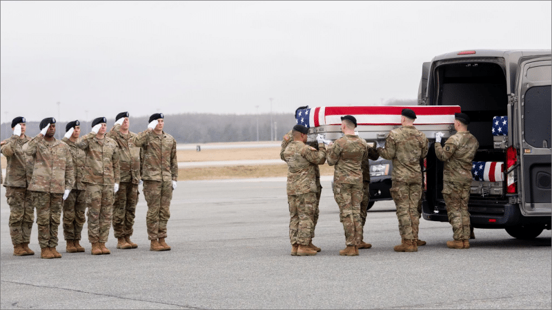 Army carry team loads flag-draped transfer case at Dover Air Force Base dignified transfer for soldiers killed in Kuwait during Iran war, March 2026