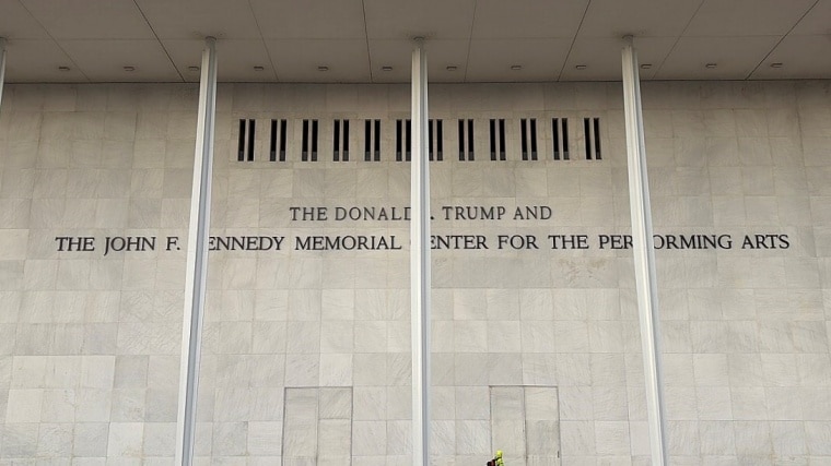 The facade of the Kennedy Center for the Performing Arts showing the name changed to The Donald J. Trump and The John F. Kennedy Memorial Center for the Performing Arts