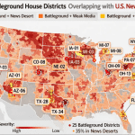 Map of 2026 battleground House districts overlapping with U.S. news deserts showing 25 competitive seats with 35 percent in areas of severe local news decline