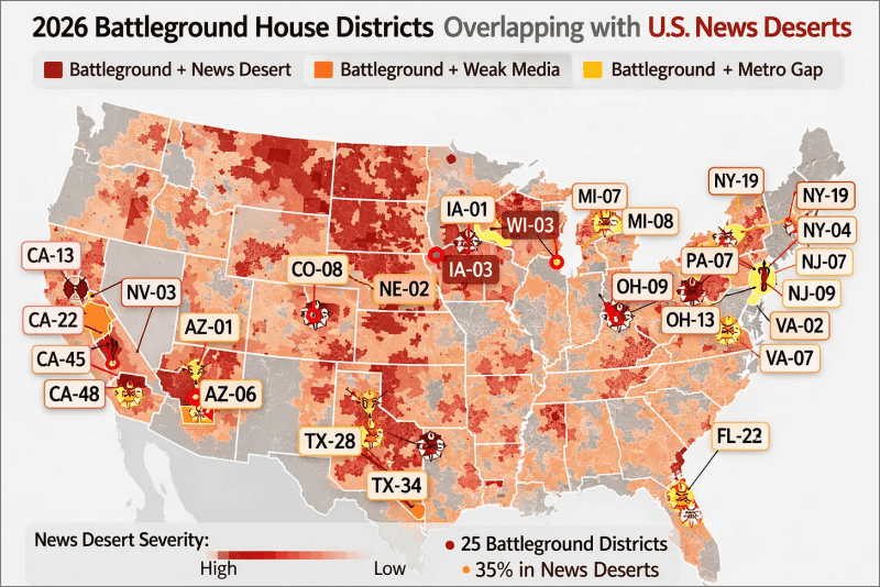 Map of 2026 battleground House districts overlapping with U.S. news deserts showing 25 competitive seats with 35 percent in areas of severe local news decline