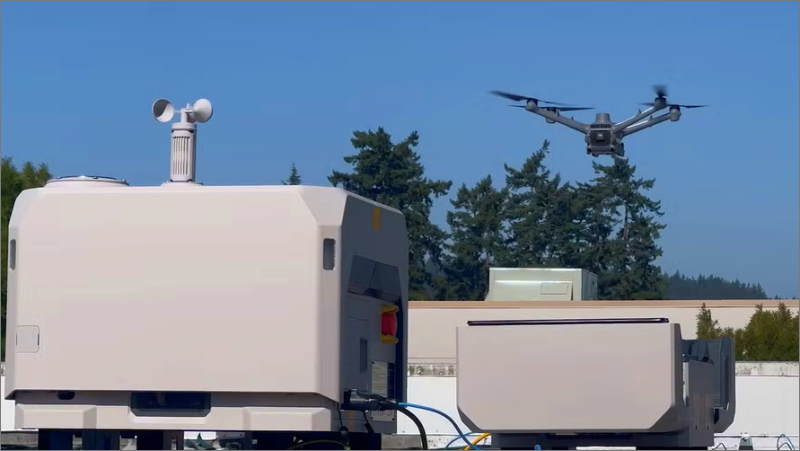 Portland Police Department surveillance drone in flight above east precinct rooftop, Portland, Oregon