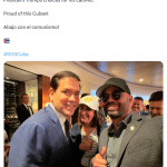 Screenshot of Enrique Tarrio's post on X showing him posing with Secretary of State Marco Rubio at the Shield of the Americas summit
