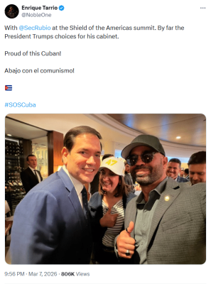 Screenshot of Enrique Tarrio's post on X showing him posing with Secretary of State Marco Rubio at the Shield of the Americas summit