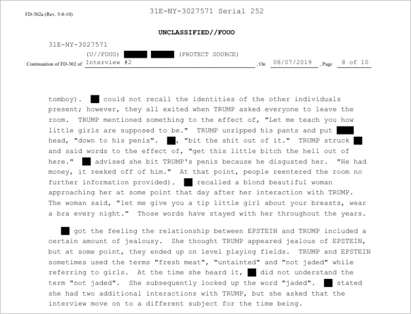 FBI FD-302 interview summary page 8 of 10 from August 7 2019 describing sexual assault allegation against Donald Trump from Epstein investigation files