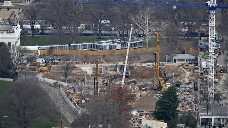 Aerial view of White House East Wing demolition site with cranes and excavators on December 17, 2025, during construction of Trump's ballroom project