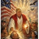 Screenshot of Donald Trump's Truth Social post showing an AI-generated image depicting Trump as Jesus Christ healing a sick man in a hospital bed, surrounded by praying Americans, soldiers, and a nurse, with an American flag and Statue of Liberty in the background