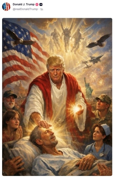 Screenshot of Donald Trump's Truth Social post showing an AI-generated image depicting Trump as Jesus Christ healing a sick man in a hospital bed, surrounded by praying Americans, soldiers, and a nurse, with an American flag and Statue of Liberty in the background