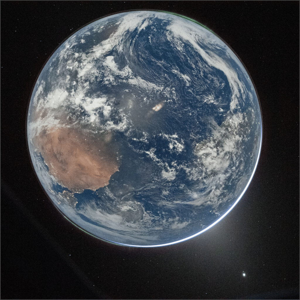 Earth photographed from the Orion spacecraft during the Artemis II mission, showing Africa, the Atlantic Ocean, and the Middle East