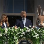 President Donald Trump speaks at the 2026 White House Easter Egg Roll with First Lady Melania Trump and the Easter Bunny