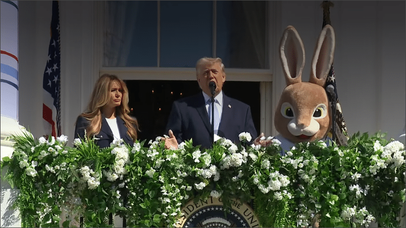 President Donald Trump speaks at the 2026 White House Easter Egg Roll with First Lady Melania Trump and the Easter Bunny