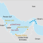 Map of the Strait of Hormuz showing the chokepoint between Iran and Oman, with Persian Gulf energy import and export terminals in Kuwait, Bahrain, Qatar, and the United Arab Emirates
