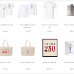Screenshot of Trump Store website showing Trump 250 branded merchandise including t-shirts, tote bags, blanket, flask, and mug priced from $28 to $200