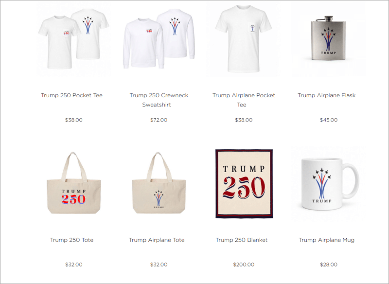 Screenshot of Trump Store website showing Trump 250 branded merchandise including t-shirts, tote bags, blanket, flask, and mug priced from $28 to $200