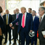 President Donald Trump tours the Federal Reserve renovation site with Federal Reserve Chair Jerome Powell, Sen. Tim Scott, and OMB Director Russell Vought on July 24, 2025.