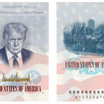 U.S. passport redesign with Trump portrait over Declaration of Independence text